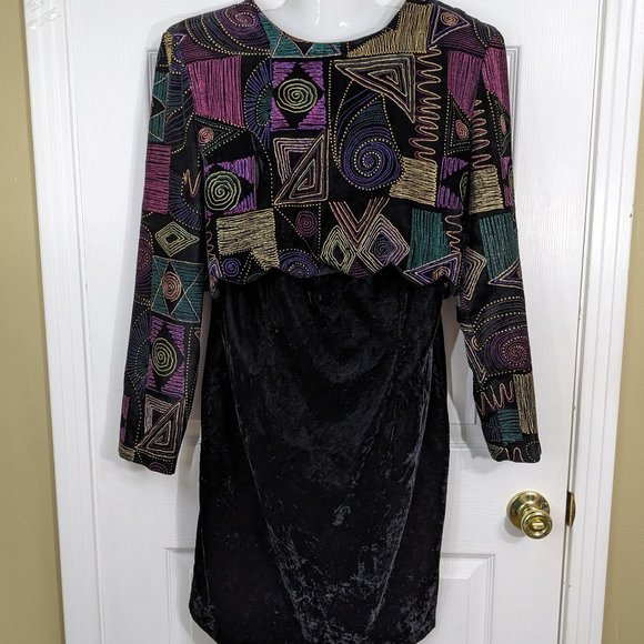 Ms Choice California Black Crushed Velvet Geometric Jacket Dress - 14 - Picture 1 of 16